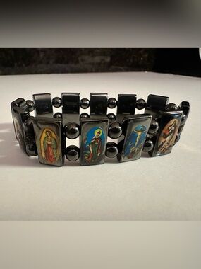 Religious Hematite Stretch Bracelet with Colorful Saint Images